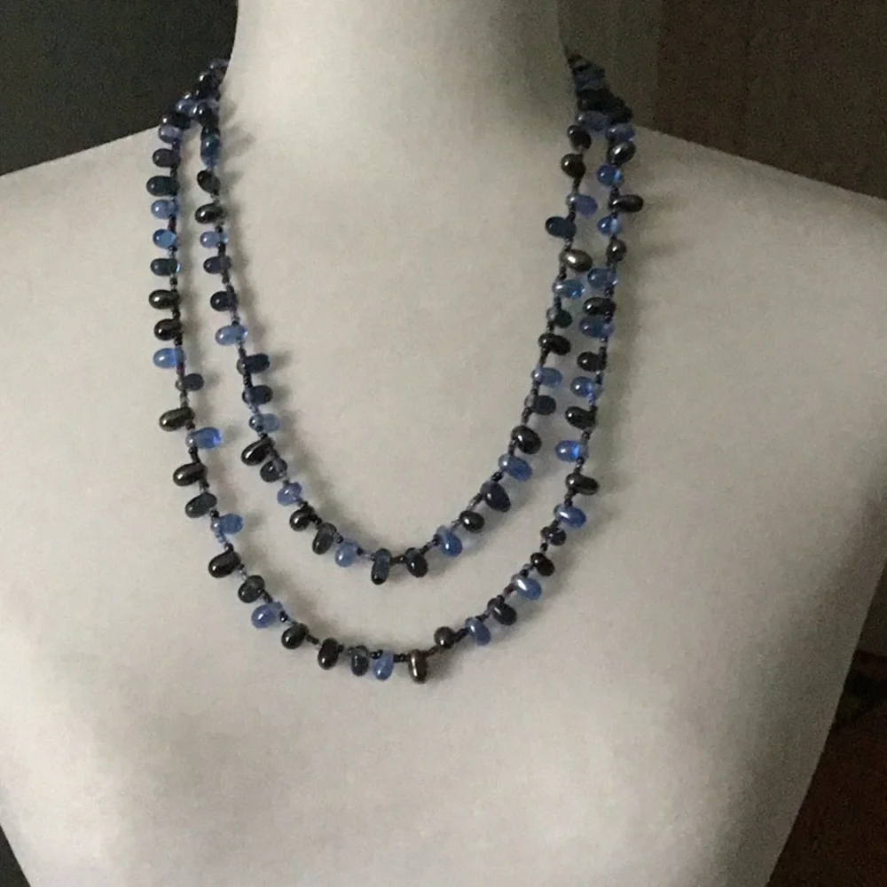 Boho Necklace Blue Glass Teardrop Beaded Long Strand Layering No Clasp‎